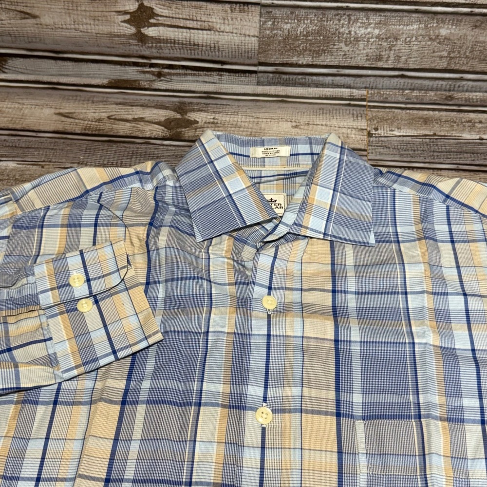 Peter Millar Button Down Shirt Mens Medium Blue Tan Plaid Long Sleeve Cotton